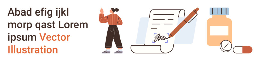 Healthcare, documentation, prescriptions, medical records, treatment planning, organization. A woman stands near a signed paper, pen bottle and pills. Healthcare and documentation thematic concept © robu_s