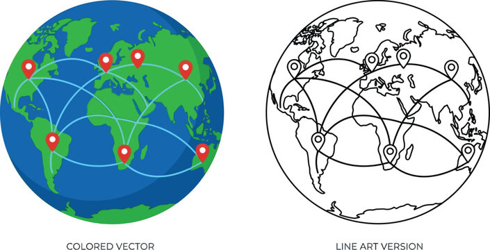 Title: World Globe with Global Network Connections Vector Icon

Description: Colored and line art vector illustration of a world globe with map pins and connection lines, symbolizing global networking