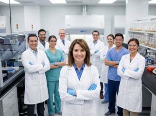 Fototapeta premium Female biotechnology scientist with laboratory research team, microbiologists, lab technicians, scientific researchers pharmaceutical innovation medical science biotech industry modern laboratory 