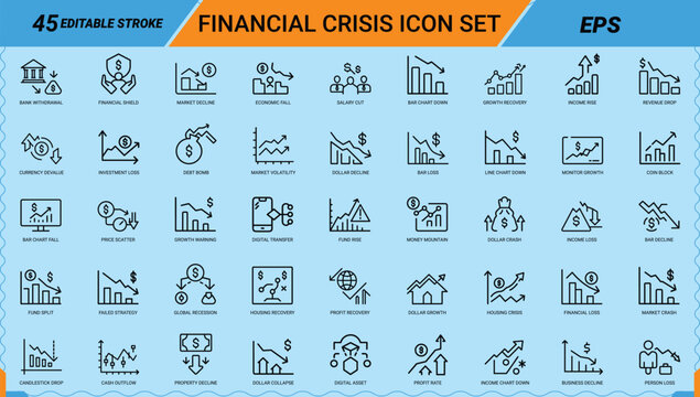 Financial crisis line art icons set, Market decline, Economic fall, Dollar crash, Global recession, Market crash, Revenue drop, Investment loss, Debt bomb, Candlestick drop, Web icon, App icon, Outlin