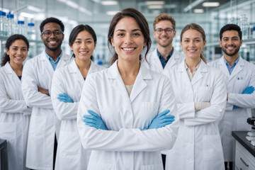 Fototapeta premium Female biotechnology scientist with laboratory research team, microbiologists, lab technicians, scientific researchers pharmaceutical innovation medical science biotech industry modern laboratory 