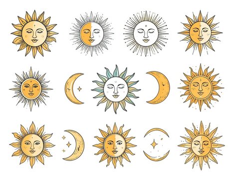 Sun Moon Phases Celestial Bodies Icons.