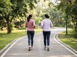 Fototapeta premium middle aged indian women jogging together in park for fitness wellness friendship healthcare and active lifestyle concept