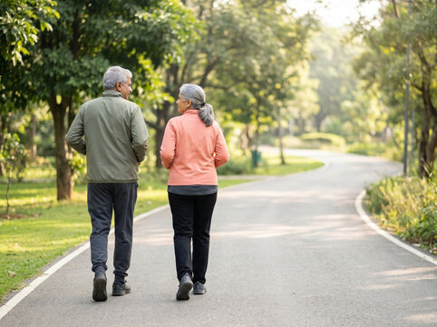 retired indian couple jogging together in park for senior relationship active aging retirement wellness and insurance concept