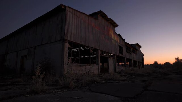 Abandoned industrial warehouse at dusk with dramatic sky