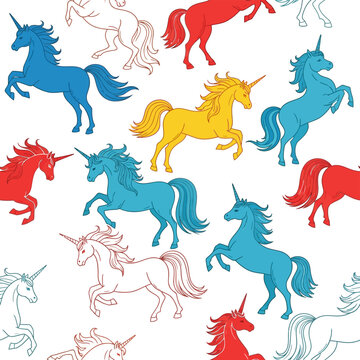 Colorful unicorns in various poses.