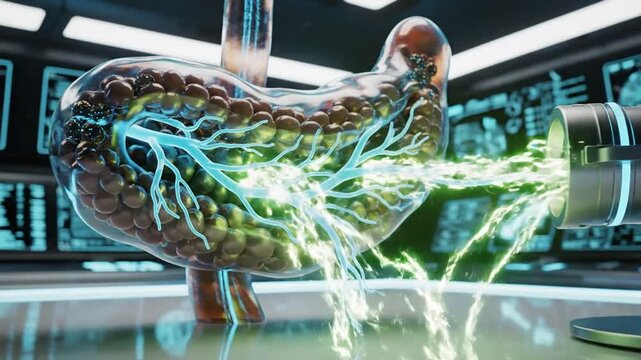 Internal organ graphic stomach anatomy with glowing blue and green bioenergy pulses, visualizing digestive processes in a futuristic medical setting