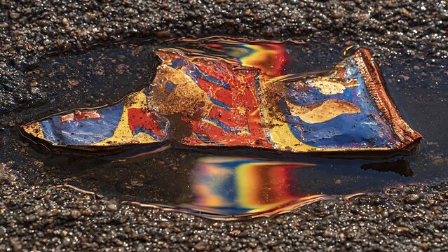 Torn colorful packaging floating in reflective puddle with waste and pollution concept
