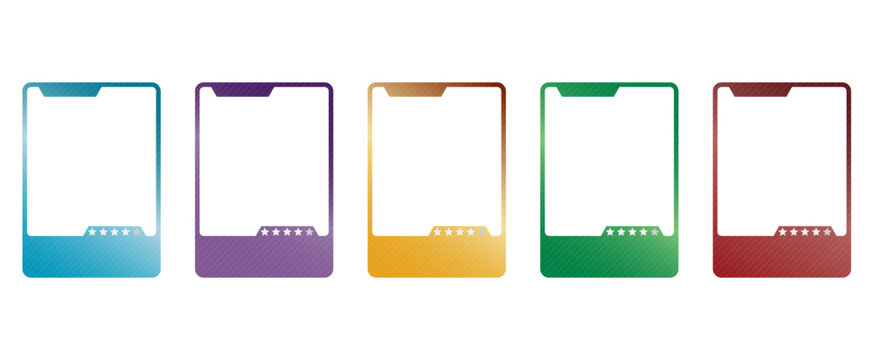 Collection of colorful game card frames with star ratings and blank spaces for avatars or stats. Modern gradient UI template set for mobile games, player profiles, ranking systems, and apps. interface