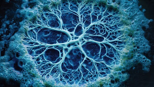Organic detergent pattern forming abstract fluid texture with scientific and experimental aesthetic