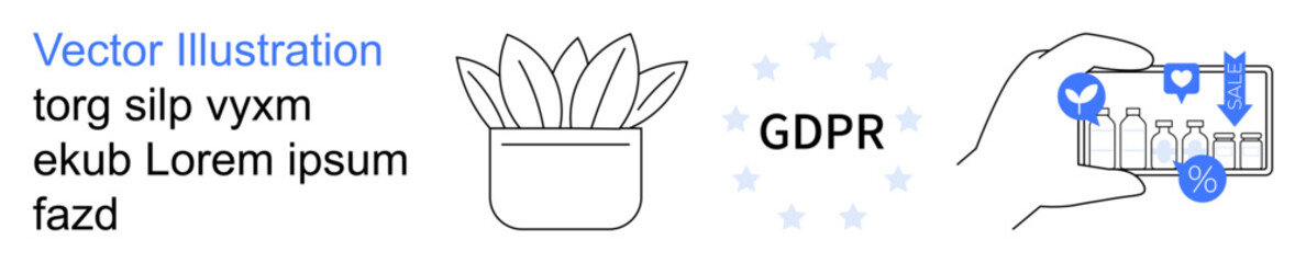 Data privacy, compliance, cybersecurity, digital security, consent, online regulations. Potted plant, GDPR text and hand with smartphone displaying secure data icons. Data privacy and compliance © robu_s
