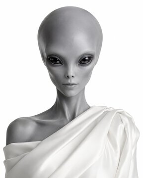 Grey humanoid alien fashion model elegant minimalist draped couture in pearl white fabric refined head and shoulders portrait smooth luminous skin