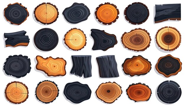 Variety of charred wood pieces displayed.