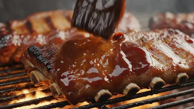Close-Up Brushing BBQ Sauce on Grilled Pork Ribs