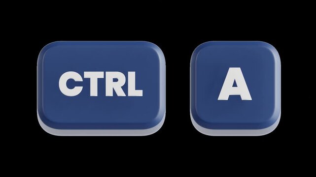 3D animation of blue keyboard shortcut keys featuring the CTRL and A buttons being pressed to perform the Select All command. Perfect for tech tutorials. Transparent background animation.