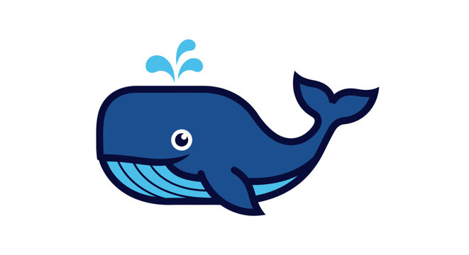 Cute cartoon blue whale spouting water on white background