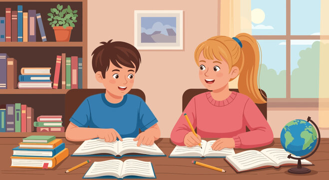 Children studying together at a desk, reading books, and writing with pencils.