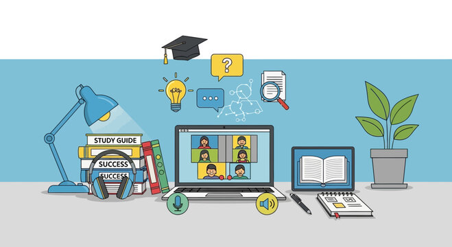 Online learning setup with laptop, books, lamp, and graduation cap, representing education and remote study.