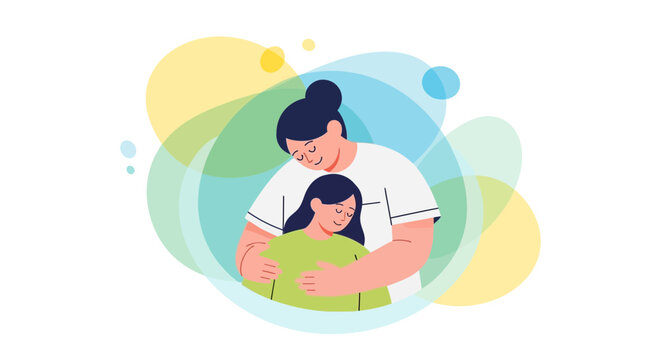 Mother Hugging Daughter with Abstract Colorful Shapes Background, Family Love