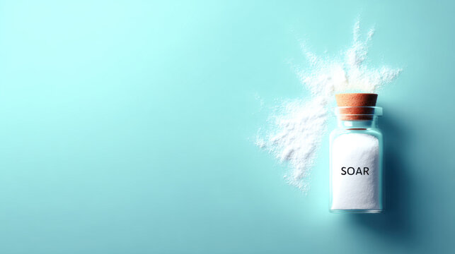 White powder in a small glass bottle labeled SOAR, with a cloud of powder exploding outwards on a light blue background