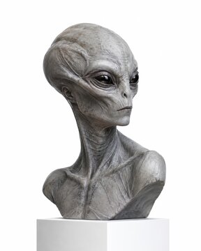 Grey humanoid alien bust sculpture premium collectible decor object on a simple white pedestal realistic organic surface detail elegant side turned pose