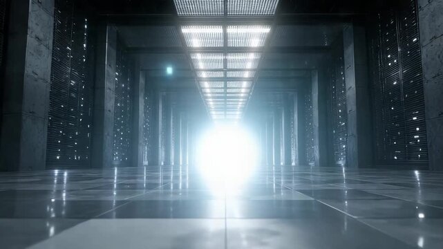 Long futuristic data center corridor stretching toward a bright glowing light, reflecting high tech servers, network connectivity, cloud computing and ai driven digital information flow