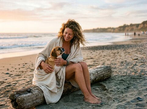 Mature woman wrapped in towel sitting on beach with dog