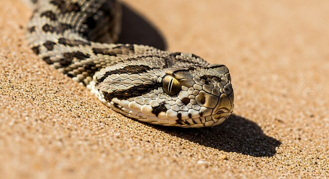 Close-up of a Puff Adder Snake on Sand.
