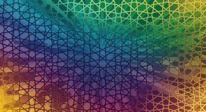 Colorful geometric islamic pattern with intersecting lines and vibrant rainbow gradient background
