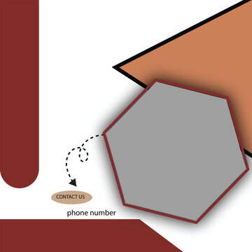 Abstract geometric contact template with gray hexagon, red bars, trapezoid accent, and modern contact us oval button layout