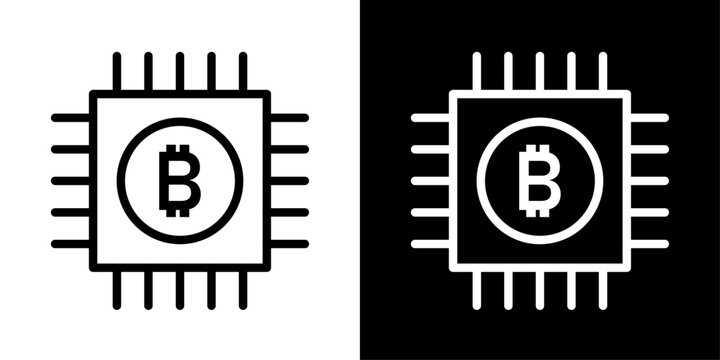 AI Bitcoin icon in outline style featuring microchip and cryptocurrency elements representing artificial intelligence, blockchain technology, digital assets, and smart financial systems.