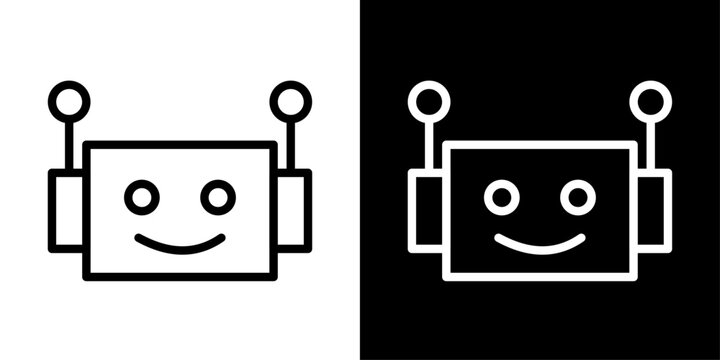 AI bot icon in outline style featuring friendly robot face elements representing artificial intelligence, virtual assistants, automated communication, and smart chatbot systems.
