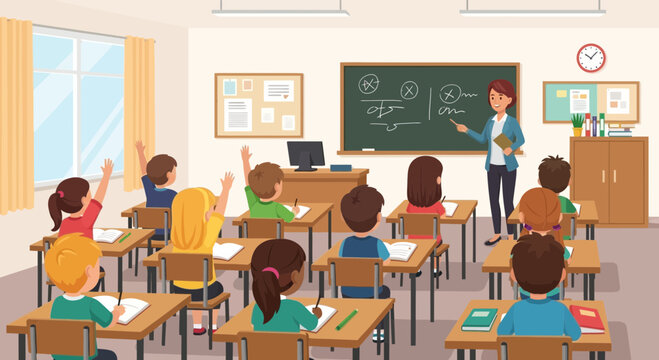 Diverse students raising hands in classroom, teacher pointing at blackboard with math equations