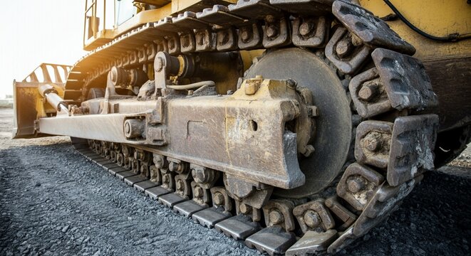 Dynamic Dutch angle shot of a massive heavily worn bulldozer track resting on gravel.