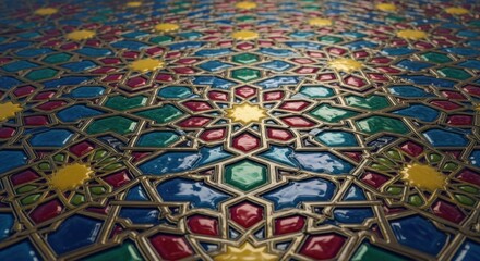 Fototapeta premium Colorful glazed ceramic tile mosaic with intricate star patterns and metallic gold outline details