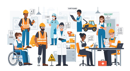 Fototapeta premium Diverse professionals collaborating in modern workplace: construction, healthcare, office