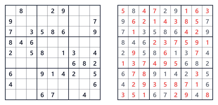 Sudoku classic  medium  puzzle with empty grid and completed solution on display  