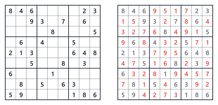 Sudoku classic  medium puzzle with solved and unsolved grids in black and red  