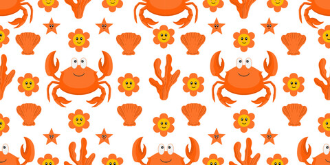 Cute crab and starfish seamless pattern vector background. hand drawn summer sea life doodle seamless pattern with orange crabs vector wallpaper for kids © Wahib