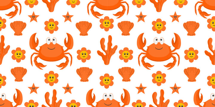 Cute crab and starfish seamless pattern vector background. hand drawn summer sea life doodle seamless pattern with orange crabs vector wallpaper for kids