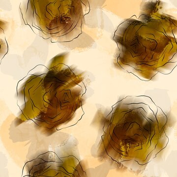 Abstract Blurred Roses and Butterfly Silhouettes Seamless Textile Upholstery Pattern with Tie Dye Batik Background