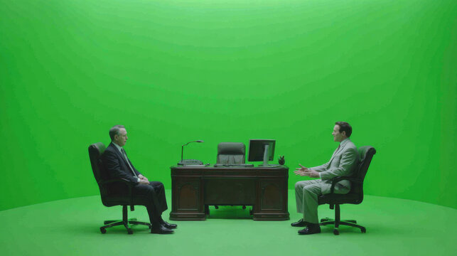 Two professional businessmen having a formal discussion in a virtual office setting with a green screen chroma key background