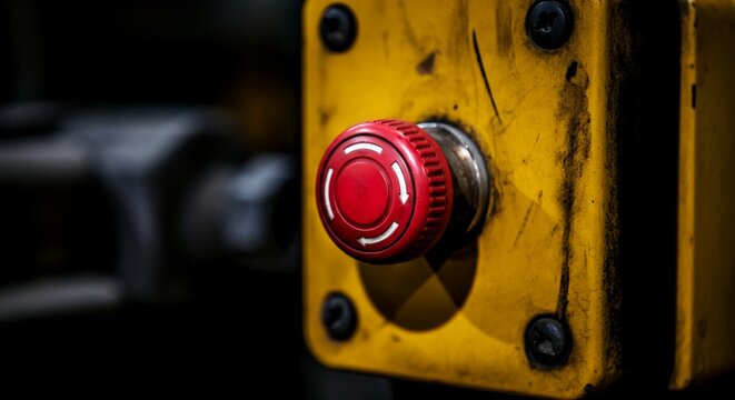 Eye-level close-up of a grimy industrial emergency stop button E-stop against a yellow casing.