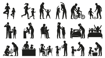 Obraz premium Family everyday life icons set, black silhouettes of parents and children.