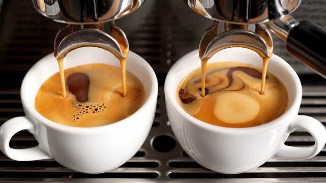 Two cups of espresso being brewed simultaneously in a coffee machine.
