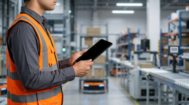 logistics professional using tablet in automated warehouse for inventory control fulfillment operations and industrial technology concept