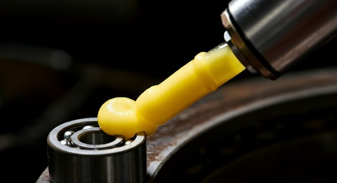 Action freeze-frame of yellow industrial grease being extruded from a grease gun onto a bearing.