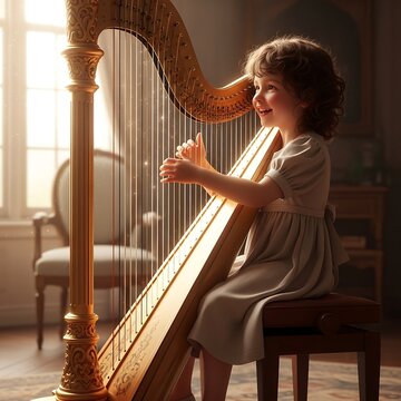 Young Girl Playing Harp Indoors.