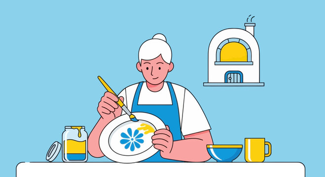 Artist paints a decorative plate at her studio