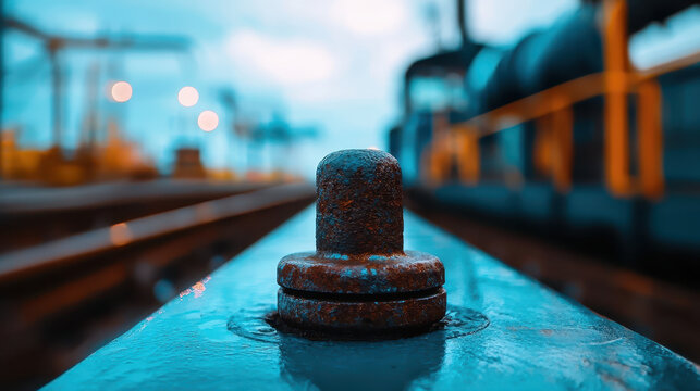 Close up of rusty bolt on metal surface, showcasing industrial elements and blurred background with soft lighting